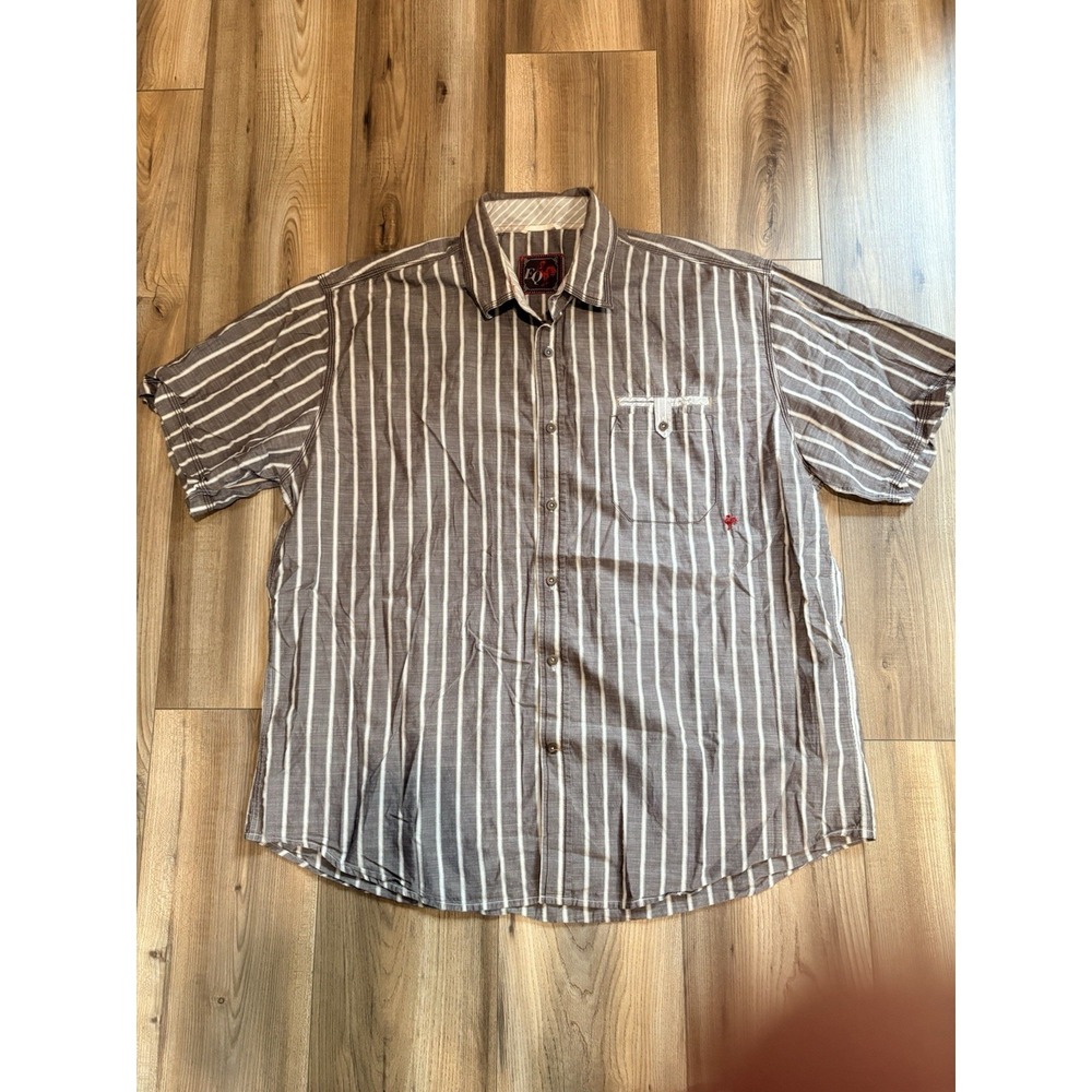 EQ Rooster Linen Shirt Brown Striped Men's 2XL Shirt Sleeve Shirt Beach Cool
